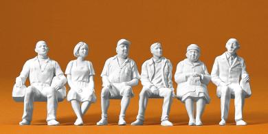 Sitzende Reisende. 6 Figuren 